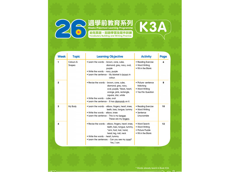 26週學前教育系列：幼兒英語 - 詞語學習及寫作訓練K3 (2本套書)